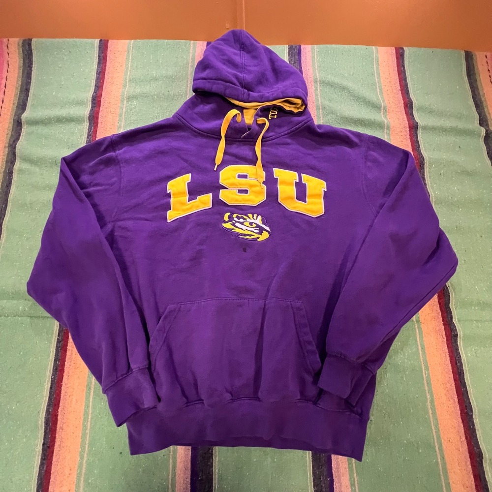 LSU Hoodie Mens XL Purple Yellow Tigers Applique Pullover Gameday Sweatshirt